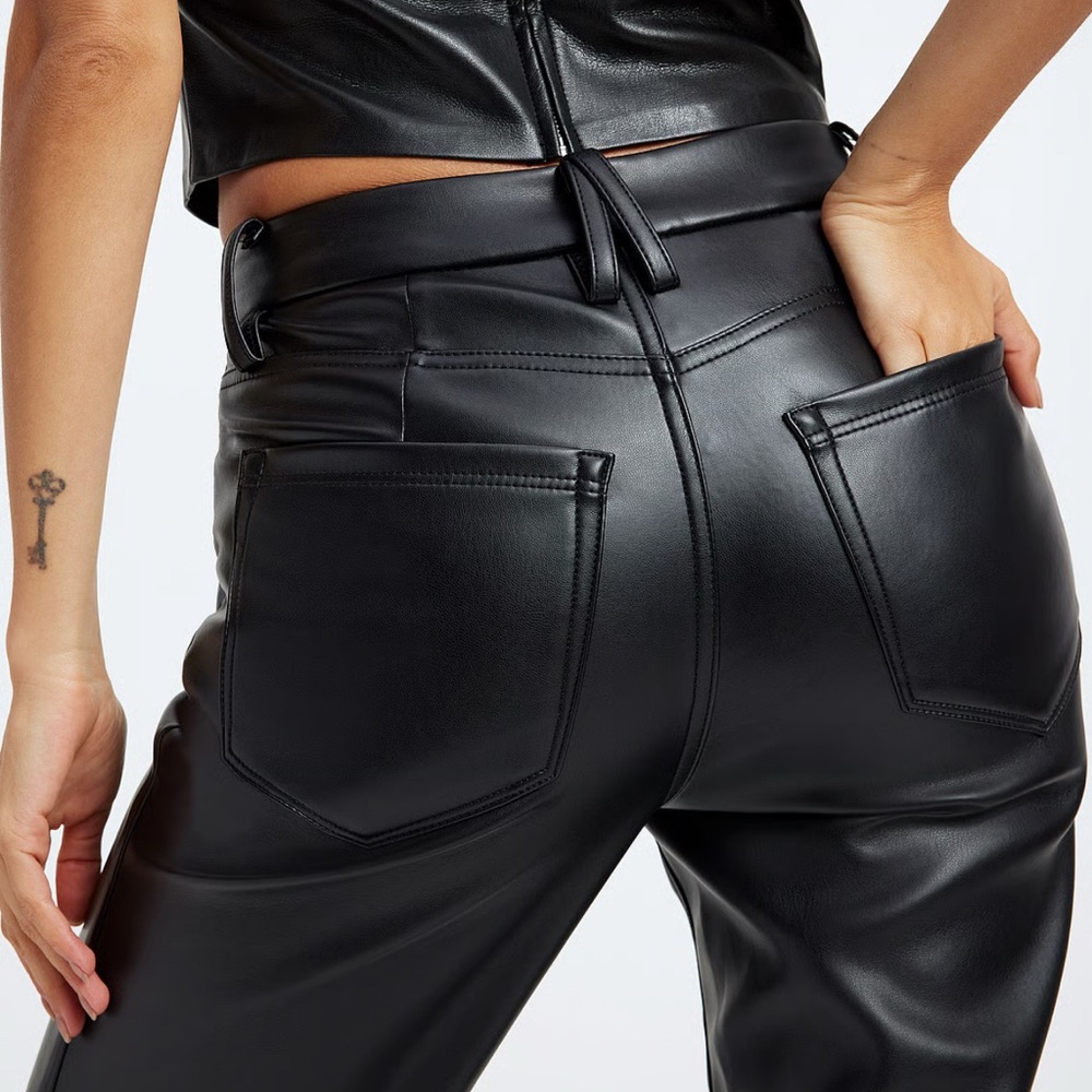 Black Straight Leg Pants with Sleek Leather Finish